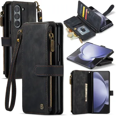 Immagine prodotto di Custodia in pelle per Samsung Galaxy Z Fold 5, custodia in Finto cuoio con cerniera, chiusura magnetica, tasca per carte, supporto, custodia per portafoglio nero