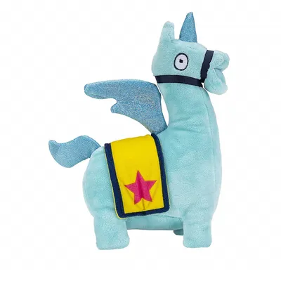 A plush toy llama with wings, a horn, and a saddle.