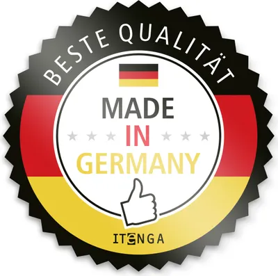 A seal of quality with the German flag and text indicating 'Made in Germany'.