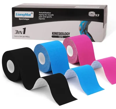 Immagine prodotto di Nastro kinesiologico, 3 rotoli, 5 cm x 5 m, nero, blu, rosa, impermeabile, elastico, ideale per fisioterapia e sport