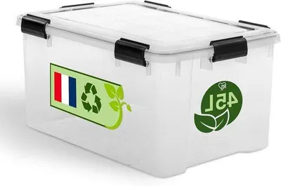 Image de Bac de rangement en plastique 45 L, transparent, hermétique, empilable, sans BPA