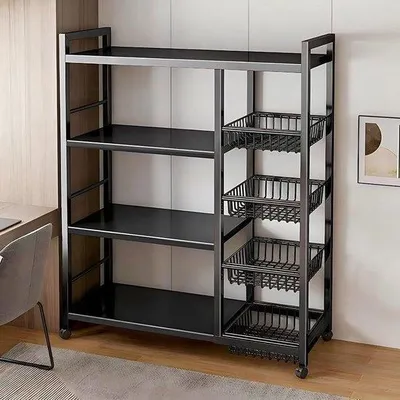 Productafbeelding van Keukenrek met manden - Rolrek opbergwagen - Keuken organiseren - Verstelbare planken - 80/90 x 32 x 108/135 cm - Zwart