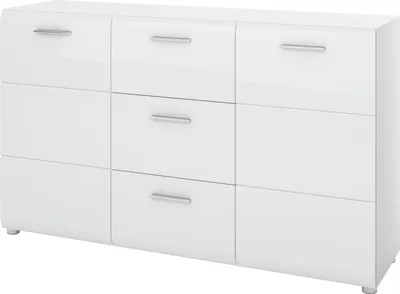A white sideboard with three drawers is shown against a white background.