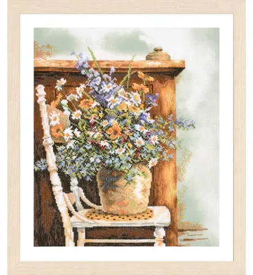 Image de Kit de point de croix Lanarte « Maison et jardin : art floral vintage », 30 x 37 cm