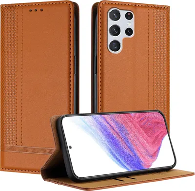 Produktbild von Handyhülle für Samsung Galaxy S22 Ultra 5G Leder Flip Klappbare Schutzhülle mit Standfunktion Braun