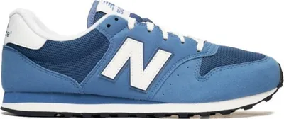 A side view of a blue New Balance sneaker against a white background.