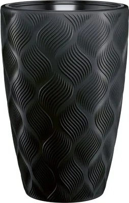 A black planter with a textured wavy pattern.