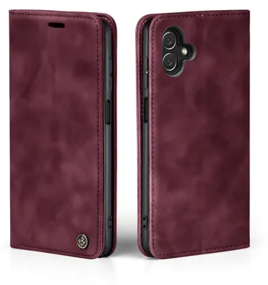 A burgundy flip case for a Samsung Galaxy A05 phone is shown from two angles.