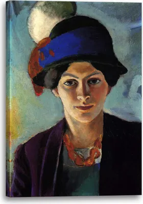 Produktbild von Leinwandbild (80x120cm): August Macke - Frauenportrait Frau des Künstlers mit Hut, echter Holz-Keilrahmen inkl. Aufhänger, handgefertigt in Deutschland