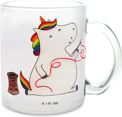 Produktbild von Mr. & Mrs. Panda Tee Tasse Einhorn Näherin - Transparent - Geschenk, Teetasse Glas, Teeglas, Stricken, Basteln, Trinkglas, Einhörner, Pott, Unicorn, Nähen
