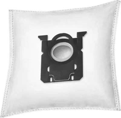 A white vacuum cleaner bag with a black plastic fitting.