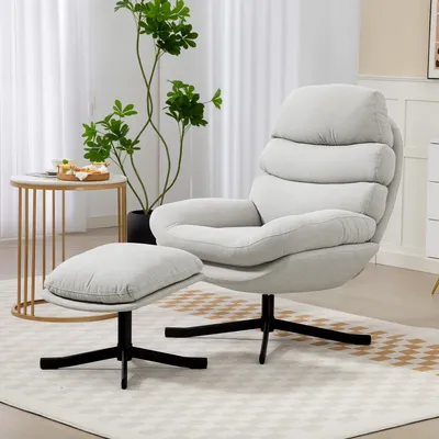 Produktbild von Relaxsessel mit Hocker, 360° drehbar, Chenille-Stoff, Loungesessel, Cremeweiß | 93 x 78 x 100 cm | 26 cm Rückenlehne | 41 cm Sitzbreite