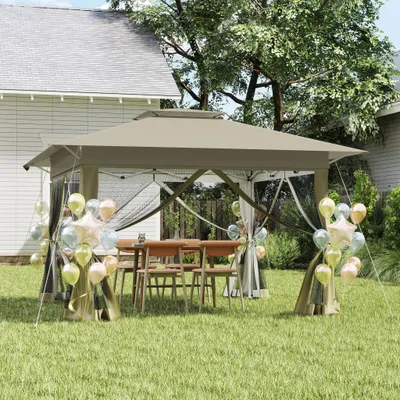Produktbild von UISEBRT Khaki 4x4 m Pop-Up Pavillon, Faltpavillon Ein-Knopf Schnellaufbau, Doppeldach & Entlüftung, Moskitonetz, wasserdicht & UV-Schutz, mit Seitenteilen, inkl. Tasche