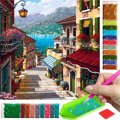 Produktbild von ARTULIO - Diamond Painting Set - Bunte Gasse am See - 30 x 30 cm - Bilder DIY, Crystal Art, Home Wand Deko