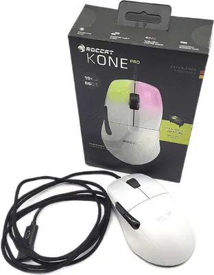 A Roccat Kone Pro gaming mouse and its packaging are displayed against a white background.