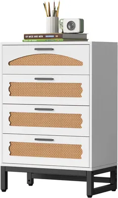 Produktbild von Weiße Rattan-Kommode mit 4 Schubladen Organizer für das Schlafzimmer 65x34x85 cm