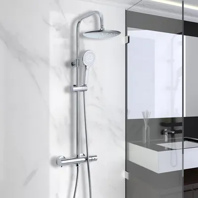 Produktbild von sanicomfort Duschsäule mit Thermostat Chrom Duschsystem mit ca. 23 cm Regenkopf, Handbrause und verstellbarer Duschstange chrom