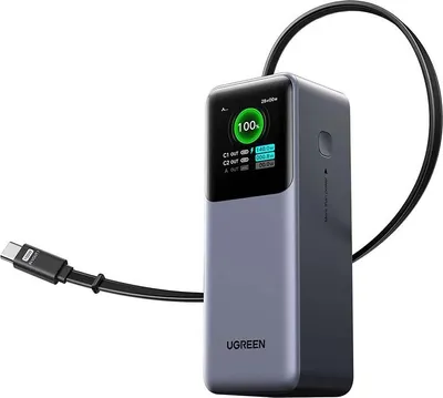 Zdjęcie produktu dla Powerbank 20000Mah Ugreen Pb726, Usb + Usb-C, 165W, Ze Zwijanym Kablem (Szary)