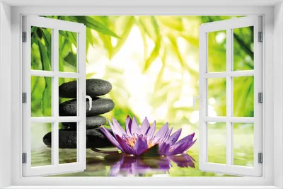 Produktbild von Wallario Poster mit Fenster-Illusion: Steinstapel in schwarz mit Blumenblüte in lila, Größe: 100 x 150 cm