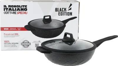 Produktbild von 32 cm Wokpfanne aus geschmiedetem Aluminium mit Antihaftbeschichtung für Induktionskochfelder + Topfhalter