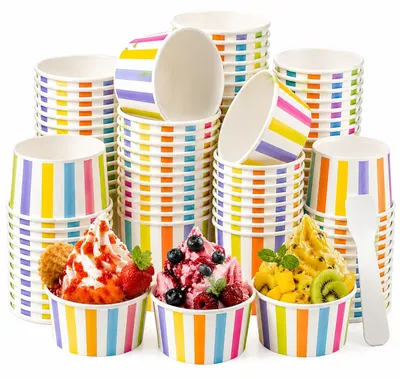 50 Papier-Eisbecher mit Löffeln, Dessertbecher, 130 ml, Einweg
