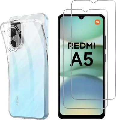 A product image showing a clear phone case and two screen protectors next to a smartphone displaying the "REDMI A5" logo.