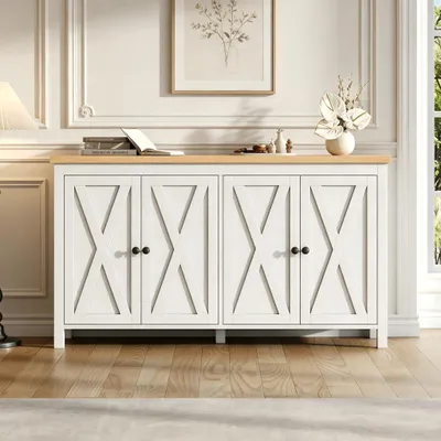 Zdjęcie produktu dla Biała komoda z 4 drzwiczkami, o wymiarach 140x40x78 cm, wykonana z MDF, z regulowanymi półkami i czarnymi uchwytami