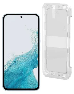 A smartphone and a screen protector with an installation guide are displayed against a white background.