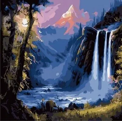 Produktbild von 50x40 cm Malen nach zahlen Set mit Holzrahmen Wasserfall in den Bergen