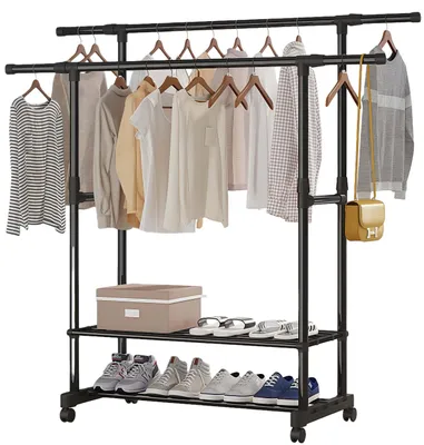 Produktbild von Kleiderständer auf Rollen, 2-lagiger Garderobenständer, Kleiderwagen Höhenverstellbar, Rollgarderobe Ausziehbar, Schwarz