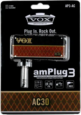 The image shows the packaging of a Vox amPlug 3 AC30 headphone guitar amplifier.