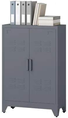 Obrázok produktu pre Archívna skriňa do kancelárie – Úložná skriňa s lameloovými dvierkami a nastaviteľnými poličkami – Šedá – 75x33x110 cm