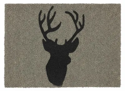 Image de Tapis d'entrée Relaxdays en fibre de coco, motif cerf, 40 x 60 cm, antidérapant, résistant aux intempéries, pour l'intérieur et l'extérieur, gris-noir