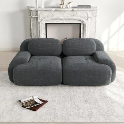 Produktbild von 2-Sitzer Cordsofa grau, Modulares rahmenloses Sofa mit geschwungenen Armlehnen, 208x103x70 cm, Hochelastische Polsterung für Wohnzimmer