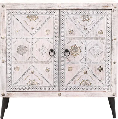 Zdjęcie produktu dla Marrakech Boho komoda z drzwiczkami z białego drewna 80cm wysokości | Orientalna dekoracja mały kredens komoda Vaqui ręcznie wykonana do stylowego przechowywania i dekoracji vintage w salonie i sypialni