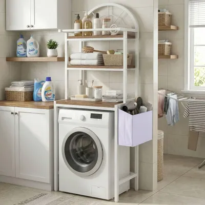 Produktbild von Waschmaschinenregal mit 3 Ablagen, Toilettenregal Badezimmerregal Standregal, mit 1 Stoffaufbewahrungstasche, 64,5 x 40 x 190 cm, Weiß