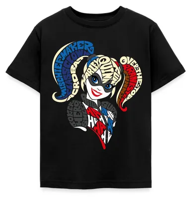 Produktbild von Spreadshirt Super Hero Girls Harley Quinn Typografie Kinder T-Shirt, 110/116 (5-6 Jahre), Schwarz