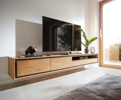 Produktbild von DELIFE Lowboard Stonegrace 240 cm Akazie Natur Steinfurnier 2 Türen 1 Fach 2 Schubladen schwebend