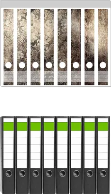 Produktbild von Wallario 8 Stück schmale Ordner inkl. Klebeetiketten mit Motive Schnörkelmuster in dunkelbraun -  Set mit Rückenschildern / Ordnerrücken Stickern
