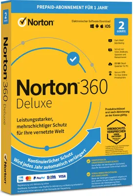 Produktbild von Norton 360 Deluxe - 2 Gerät 1 Jahr 2025 - Antivirenprogramm mit Firewall -  PC / Mac / iOS / Android - Download - ESD