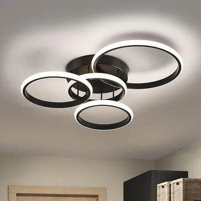 Immagine prodotto di Lampada a soffitto, 60 W. Lampada da soffitto nera, 4000 K. Lampada a soffitto rotonda moderna a 4 anelli, ideale per soggiorno, camera da letto e cucina, diametro 53 cm