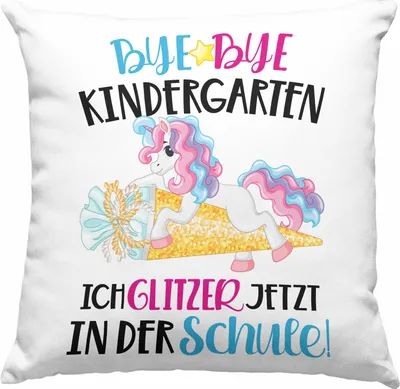 Produktbild von Trendation - Bye Bye Kindergarten Einschulung Mädchen Geschenk Deko-Kissen mit Füllung 40x40 Schulstart 1. Schultag Schuleinführung Schulanfang Geschenkidee 2022 Schulkind (Grün)
