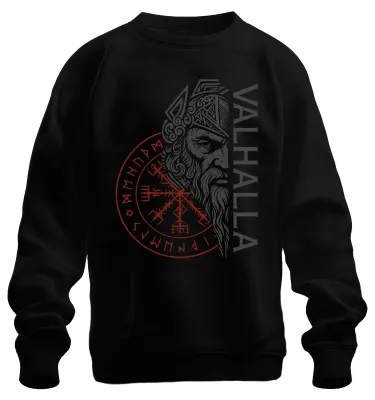 Zdjęcie produktu dla Valhalla Viking Norse Mythology Vegvisir Runes Odin Gift Uni  Sweatshirt Pullover, Czarny, XL