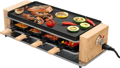 Produktbild von KitchenBrothers Gourmet-Set - 950W - Raclette-Grill 8 Personen - Set mit Pfännchen und Schabern - 46,5 x 23 cm - Holz/Schwarz