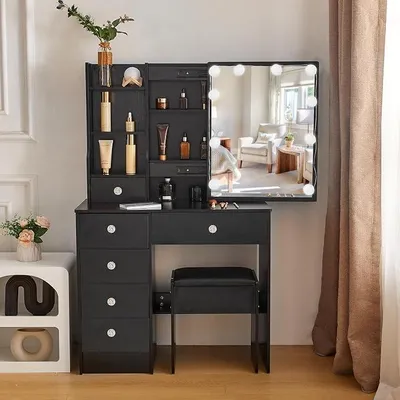 Immagine prodotto di Comò da trucco con illuminazione a LED, luminosità regolabile e 3 temperature di colore, tavolino da trucco con specchio e 6 cassetti, 1 sgabello, design moderno, colore nero, modello LW33300114