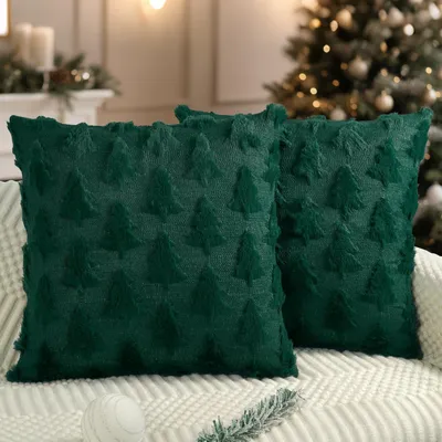 Produktbild von Kissenbezüge 60x60 cm 2er Set Grün Weihnachtsbaum Plüsch Kunstfell für Sofa Deko