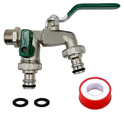 Produktbild von Gartenwasserhahn 1/2 Zoll - Doppel Auslaufhahn aus Zinklegierung mit 2 Dichtungen, frostsicher für Gartenbewässerung, Waschmaschine und Regentonne (Grün)