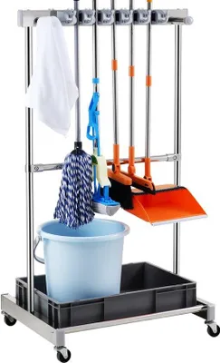 Image de Support pour outils de jardin - 10 compartiments avec crochets et roulettes - range-balais - gris