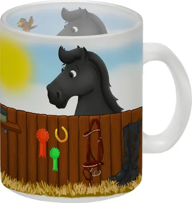 Produktbild von Glas Tasse mit schwarzes Pferd Motiv