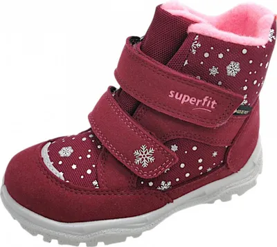 A single burgundy winter boot with snowflake patterns and pink lining, shown against a white background.
